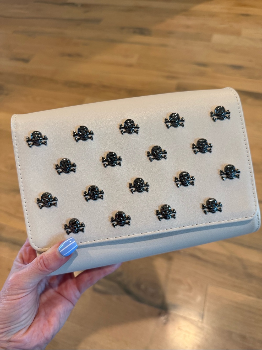 Betsey Johnson Ivory Clutch with Gunmetal Skull & Crossbones Studs